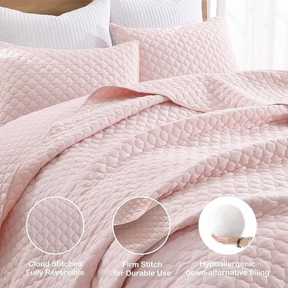 HORIMOTE HOME Quilt Queen Size Light Pink, Lightweight Quilts for Summer Ultra-Soft Microfiber Modern Style Quilted Clouds Pattern Bedspread Quit Set 3 Pieces(1 Quilt and 2 Pillow Shams)