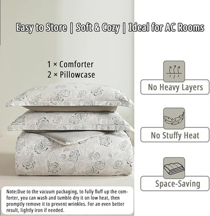 Vintage Botanical Cotton Comforter King Size 3PC - Elegant Floral Sketch on Ivory White with Tan Herringbone Reverse – Reversible Lightweight Comforter Set with Soft Fill(104"×90")