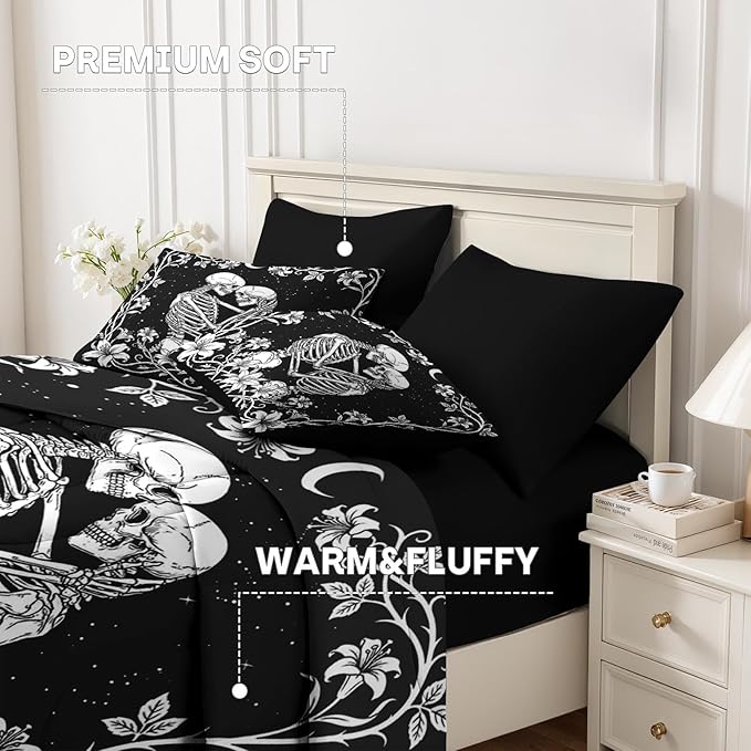 Nesker Comforter Set Queen Size, Gothic Kissing Skeleton Lover 7 Pcs Bedding for Kids and Adults, Rose Black Lovers Black Bed Sheet Sets with Fitted Sheet 2 Pillowcases & 2 Shams