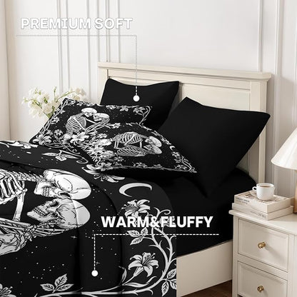 Nesker Comforter Set Queen Size, Gothic Kissing Skeleton Lover 7 Pcs Bedding for Kids and Adults, Rose Black Lovers Black Bed Sheet Sets with Fitted Sheet 2 Pillowcases & 2 Shams