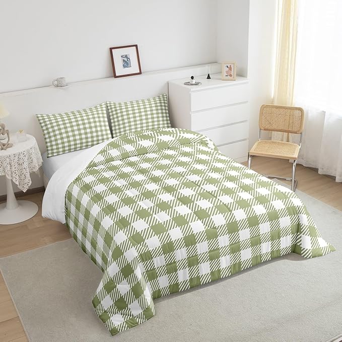 Manfei Green Plaid Comforter Set Buffalo Check Plaid Bedding Set Classic Gingham Pattern Bedding Home Decor Light Green White Scottish Comforter Twin Size Quilted Duvet Set with 1 Pillowcase