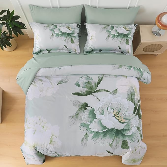 Dobuyly Floral King Size Comforter Set 7 Piece Bed in a Bag, Sage Green Reversible Comforter Set with Sheets, Soft Microfiber Botanical Flowers Summer Bedding Set for All Season