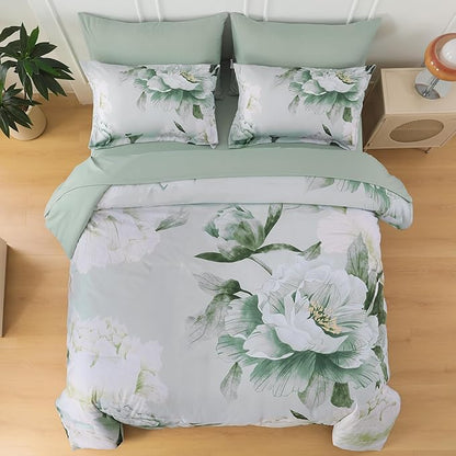 Dobuyly Floral King Size Comforter Set 7 Piece Bed in a Bag, Sage Green Reversible Comforter Set with Sheets, Soft Microfiber Botanical Flowers Summer Bedding Set for All Season