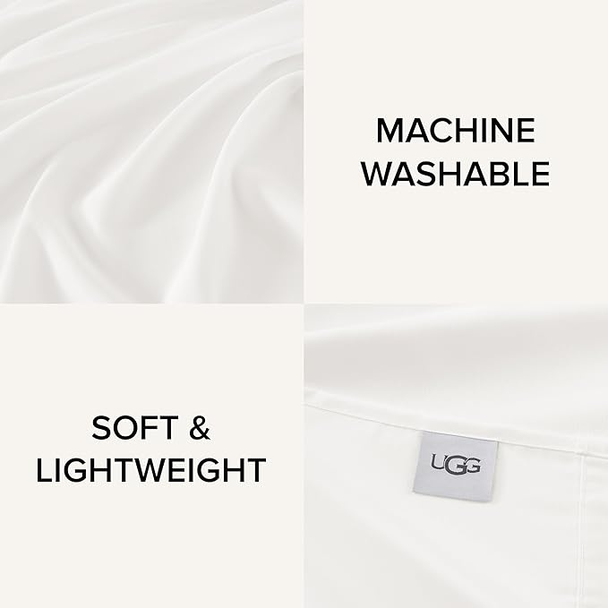 UGG Hedi Split King Sheet Set 5-Piece Luxury Cooling Sheets Deep Pockets Premium Bedding with 2 Shams Hypoallergenic Machine Washable Soft Lightweight Bed Set for Adjustable Bed, Split King, White