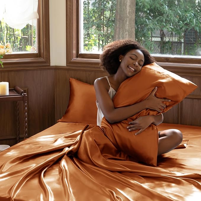 CozyLux Satin Sheets Full Size Sheets - 4 Piece Silky Full Size Bed Sheets, Luxury Terracotta Full Bed Set with Smooth and Soft Microfiber, Includes 1 Fitted Sheet, 1 Flat Sheet and 2 Pillowcases