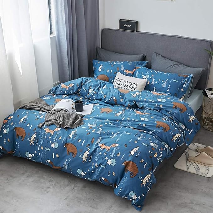 Houseri Blue Bear Twin Comforter Set 3 Pieces Toddler Boys Girls Navy Cartoon Woodland Bedding Sets Comfy Soft Kids Gift Fox Rabbit Forest Animal Painting Breathable Dark Color Bed Quilts Twin Size