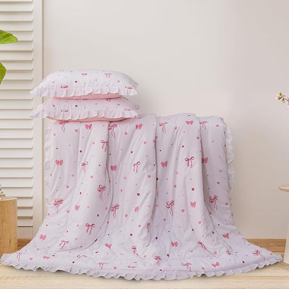 A Nice Night Polka Dot Bow Comforter Set,6 Piece Bed in a Bag Chic Bowknot Bedding Sets,Princess Style,White Room Decor for Girls,Full