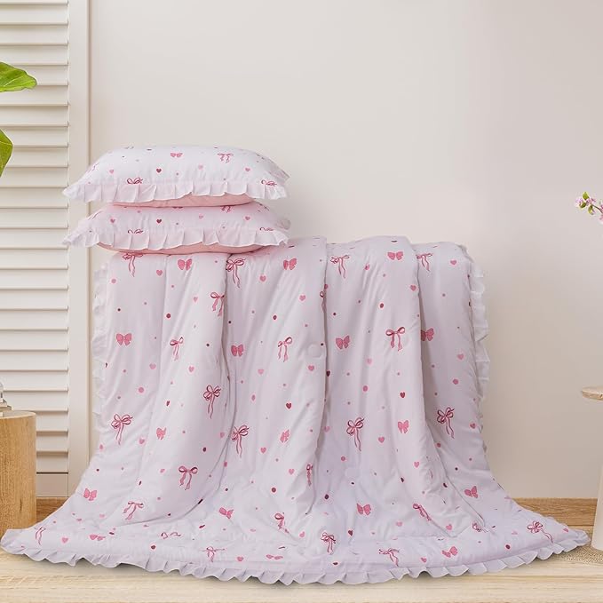 A Nice Night Polka Dot Bow Comforter Set,6 Piece Bed in a Bag Chic Bowknot Bedding Sets,Princess Ruffle Style,White Room Decor for Girls,Twin