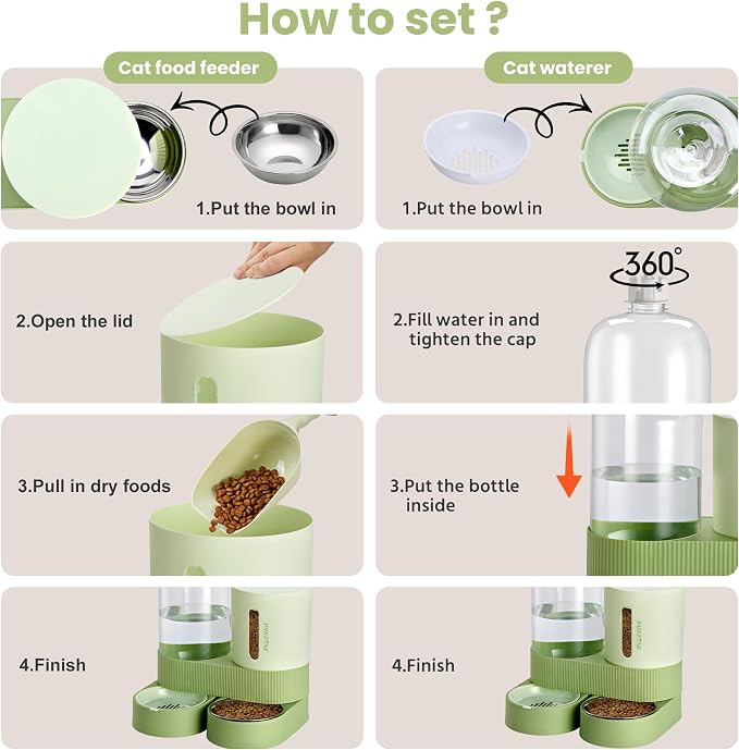Automatic Cat Feeder Stainless Steel Water Dispenser Gravity Food Feeder and Waterer Set with Pet Food Bowl for Small Medium Kitten Puppy Pets Large Capacity(Green)