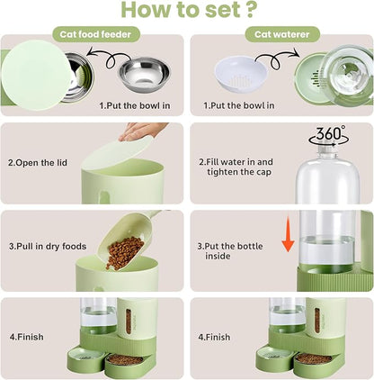 Automatic Cat Feeder Stainless Steel Water Dispenser Gravity Food Feeder and Waterer Set with Pet Food Bowl for Small Medium Kitten Puppy Pets Large Capacity(Green)