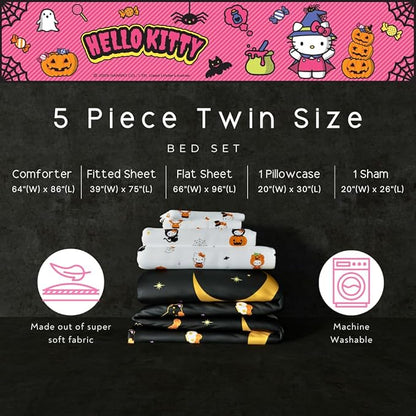Sanrio Hello Kitty Halloween Pumpkin Twin Bed Set – Super Soft & Cozy 4 Piece Reversible Comforter and Sheet Set (Officially Licensed Product) by Franco
