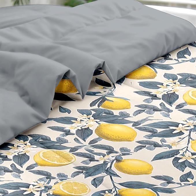 Comforter Set Full Size, Fruit Lemons Blue 7 Pcs Bedding for Kids and Adults, Leaves Brown Flower Bed Sheet Sets with Fitted Sheet 2 Pillowcase & 2 Sham for Bedroom Bed Decor