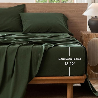 MooMee Fitted Bottom Sheet Only 100% Washed Cotton Linen Like Textured Breathable Durable Soft Comfy Deep Pocket Fits Mattress up to 17" (Forest Green, King)