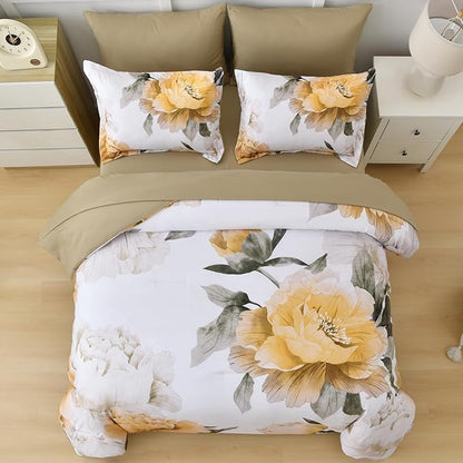 Dobuyly Yellow Comforter Set Queen Size 7 Piece Bed in a Bag, Yellow Floral Comforter Set with Sheets, Soft Microfiber Botanical Complete Bedding Set for All Season