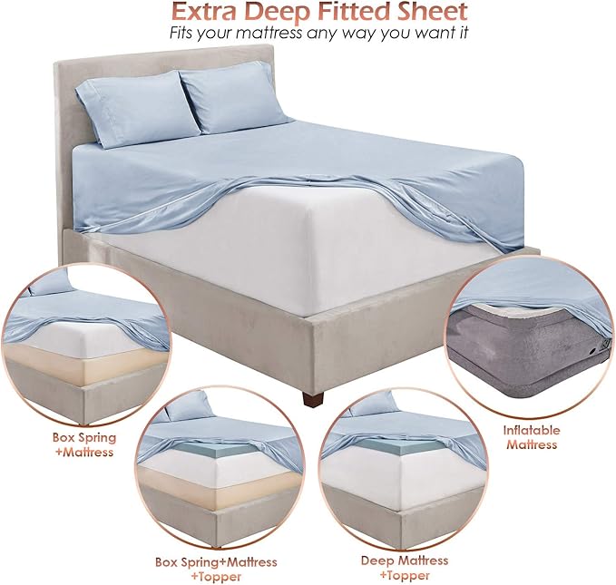 Hearth & Harbor Extra Deep Pocket Sheets - Fits Mattress 18-24 Inches Deep - Extra Deep Pocket Twin Sheets Sets - 4 Piece Twin Size - Ice Blue