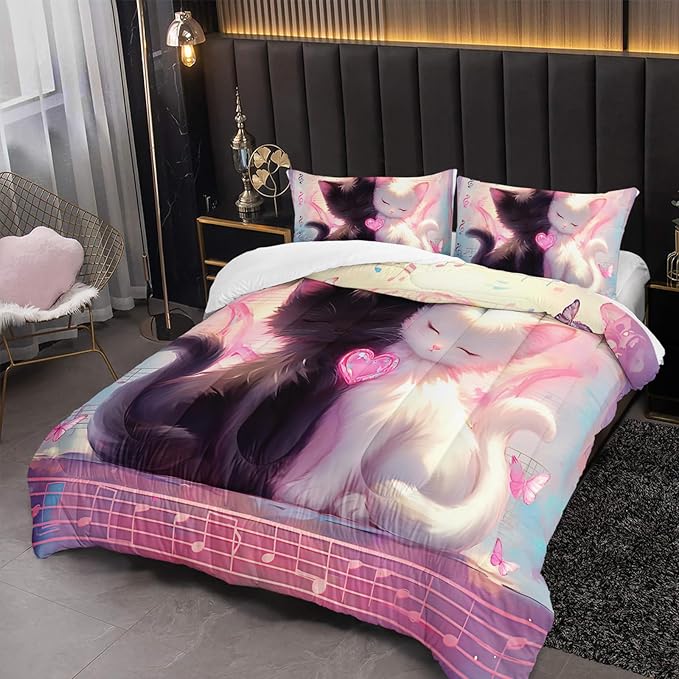 Cute Cat Comforter Set Full Pink Black Cat Bedding Sets 3PCS for Kids Teen Adult Kawaii Room Decor Ultra-Soft Lightweight Microfiber 1 Comforter with 2 Pillowcases