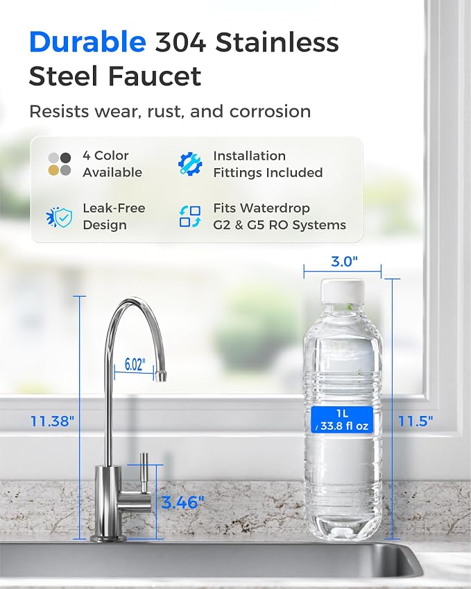 Waterdrop G2FCT-Chrome Reverse Osmosis Water Filter Faucet, Polished Chrome | Water Faucet for Kitchen Bar Sink, NSF/ANSI 372 Certified, Lead-Free, 304 Stainless Steel, Single Handle, 360° Swivel Spout