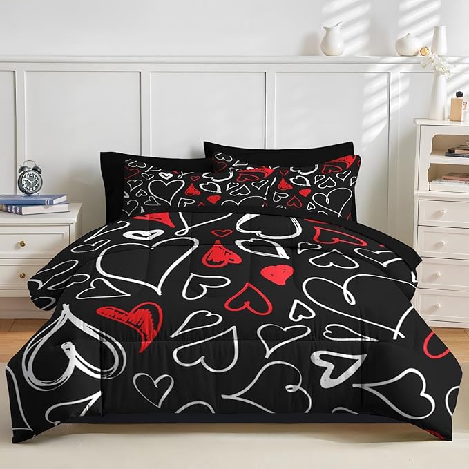 Nesker Comforter Set Queen Size, Heart Love Red Black 7 Pcs Bedding for Kids and Adults, My Happy Valentine Bed Sheet Sets with Fitted Sheet 2 Pillowcases & 2 Shams