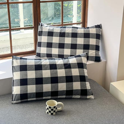 FACE TWO FACE Bedding Duvet Cover Set100% Washed Cotton Duvet Cover Linen Like Textured Breathable Durable Soft Comfy (Full, Black and White Grid)