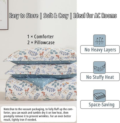 Botanical Cotton Comforter Queen Size - Lake Green Comforter with Dusky Blue & Warm Rust Leaves on Ivory,Reversible Lightweight Bedding Sets 3Pcs(Polka Dot)