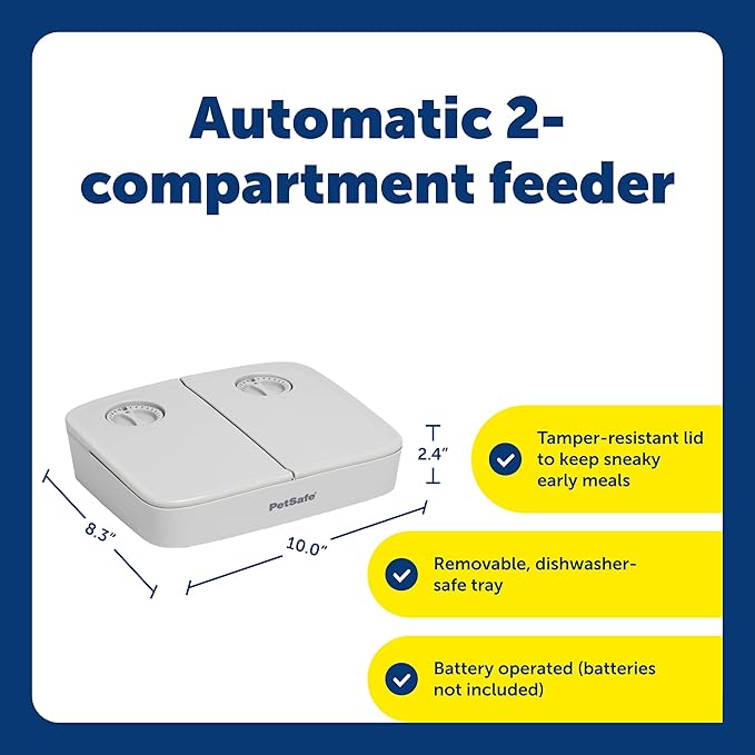 PetSafe Automatic 2 Meal Pet Feeder | Slow Feed Portion Control, Dial Timers Schedule 2 Automatic Meals in 30-Min Steps, Each Compartment Holds up to 1.5 Cups
