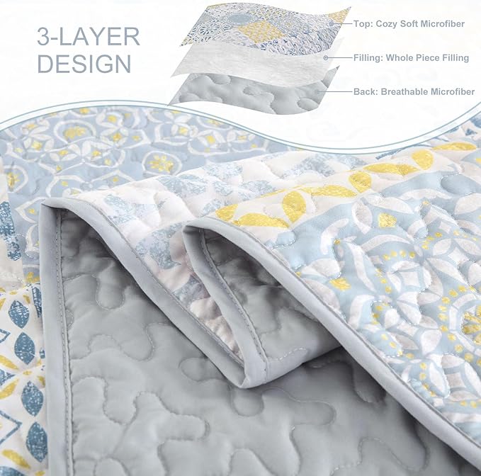 Dobuyly Queen Quilt Set 3 Pieces, Blue/Yellow/Grey Patchwork Bedspreads, Boho Summer Coverlet Set, Soft Lightweight Microfiber Bedding Set for All Seasons 96"x90"