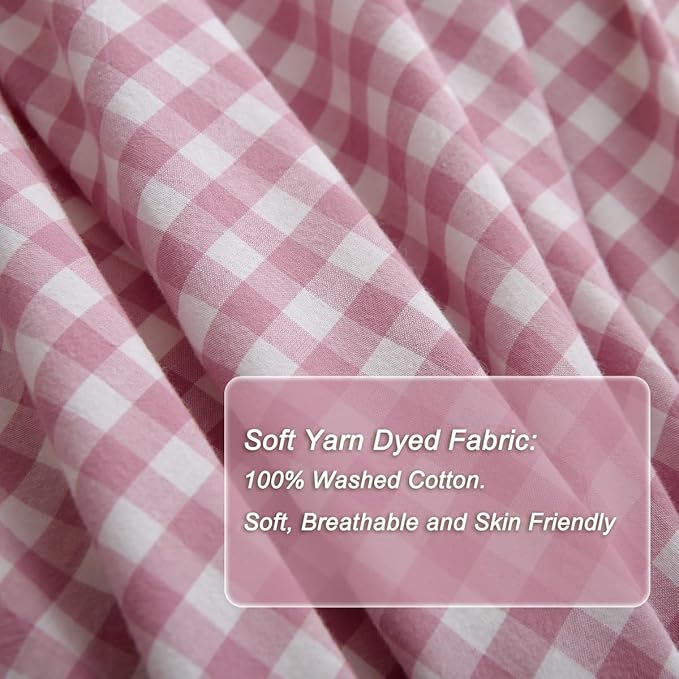 Vintage Pink/White Plaid Ruffle 3-Piece Duvet Cover Set King Size,Washed Cotton Shabby Gingham Checkered Bedding Set Farmhouse Comforter Set