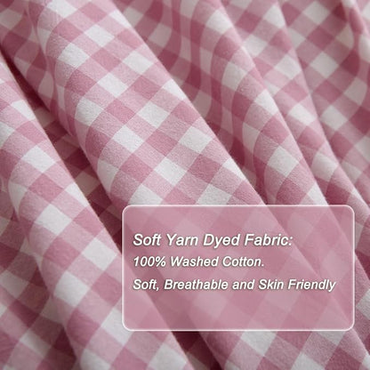Vintage Pink/White Plaid Ruffle 3-Piece Duvet Cover Set King Size,Washed Cotton Shabby Gingham Checkered Bedding Set Farmhouse Comforter Set