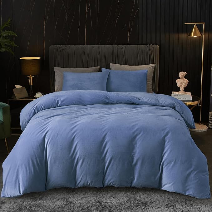 Ivellow Velvet Duvet Cover Queen Set Blue Comforter Cover 3Pcs Ultra Soft Cover Breathable Solid Luxury Flannel Velour Duvet Cover Zipper Closure Corner Tie