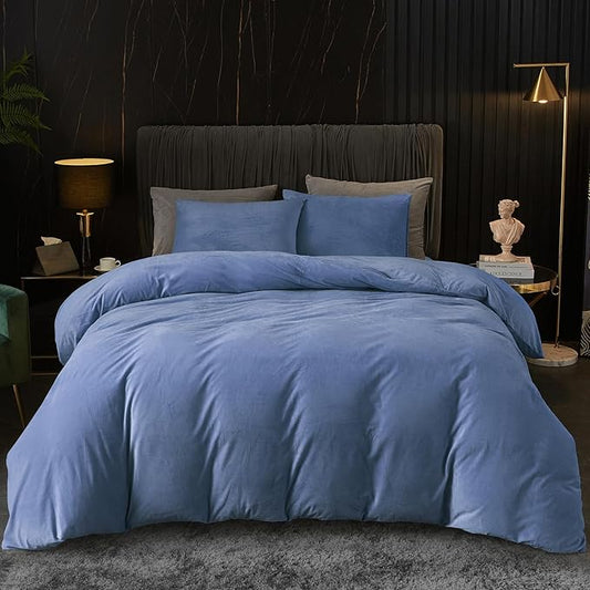 Ivellow Velvet Duvet Cover Queen Set Blue Comforter Cover 3Pcs Ultra Soft Cover Breathable Solid Luxury Flannel Velour Duvet Cover Zipper Closure Corner Tie