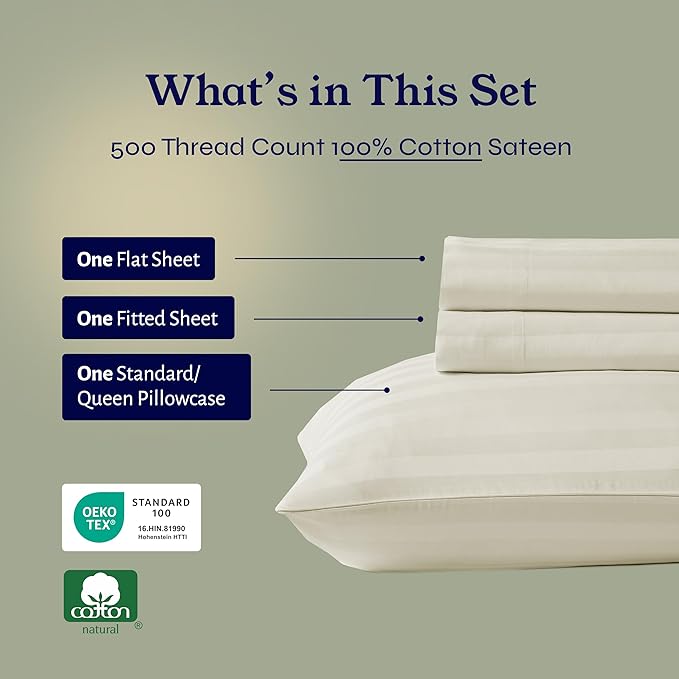 California Design Den 3 Piece Twin Size Sheet Set - 100% Cotton 500 Thread Count Sateen, Deep Pocket Bed Sheets with Fitted Elastic Sheet, Soft Luxury - Striped Ivory