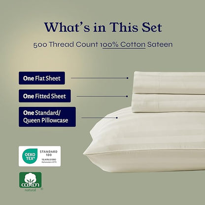 California Design Den 3 Piece Twin Size Sheet Set - 100% Cotton 500 Thread Count Sateen, Deep Pocket Bed Sheets with Fitted Elastic Sheet, Soft Luxury - Striped Ivory