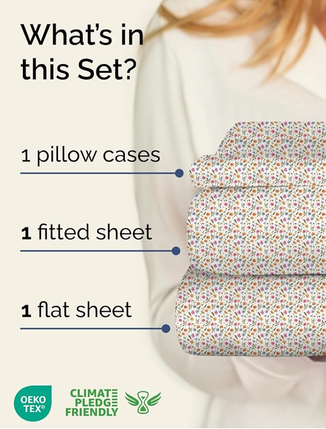 Floral Sheets - Flower Print Bed Sheet Set - 1 Flat, 1 Fitted & 1 Pillowcase w/ Deep Pockets - Comfy, Cozy, Wrinkle & Fade Free - Boho Botanical Bedding - Soft, Breathable & Cooling - Twin Size Set
