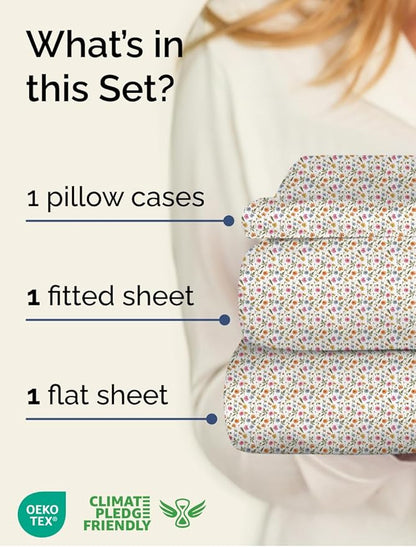 Floral Sheets - Flower Print Bed Sheet Set - 1 Flat, 1 Fitted & 1 Pillowcase w/ Deep Pockets - Comfy, Cozy, Wrinkle & Fade Free - Boho Botanical Bedding - Soft, Breathable & Cooling - Twin Size Set