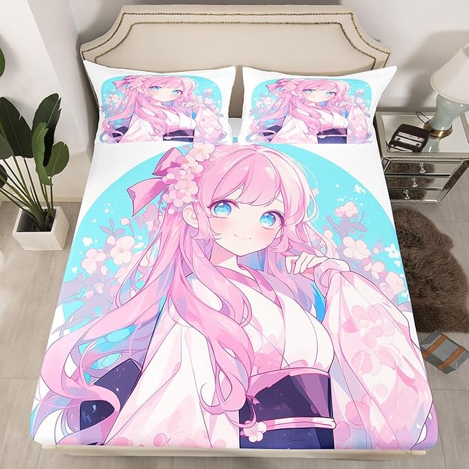 Erosebridal Girls Bedding Set Japanese Style Fitted Sheet Twin, 3D Anime Girl Bed Sheets Cartoon Kawaii Kimono Girl Sheets Romantic Gifts for Her, 1 Fitted Sheet 1 Pillowcase (No Top Sheet)