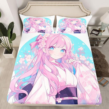 Erosebridal Girls Bedding Set Japanese Style Fitted Sheet Twin, 3D Anime Girl Bed Sheets Cartoon Kawaii Kimono Girl Sheets Romantic Gifts for Her, 1 Fitted Sheet 1 Pillowcase (No Top Sheet)