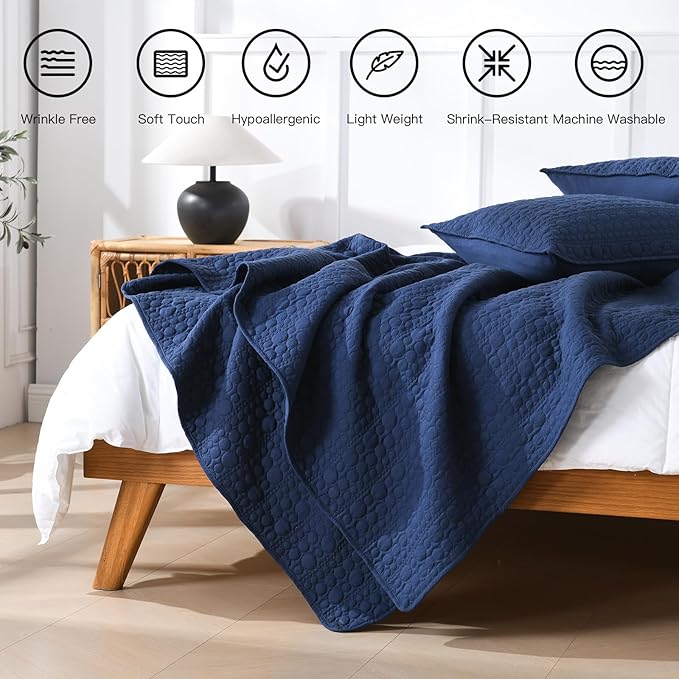 HORIMOTE HOME Quilt Set Twin Size Navy Blue, Classic Geometric Spots Stitched Pattern, Pre-Washed Microfiber Chic Rustic Look, Ultra Soft Lightweight Quilted Bedspread for All Season, 2 Pieces