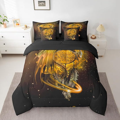 Erosebridal Gothic Dragon Dream Catchers Comforter Set 7 Piece Bed in a Bag Twin,Yellow Galaxy Bohemian Feather Bedding Sets Antique Animal Pterosaur Sheet Set with Comforter