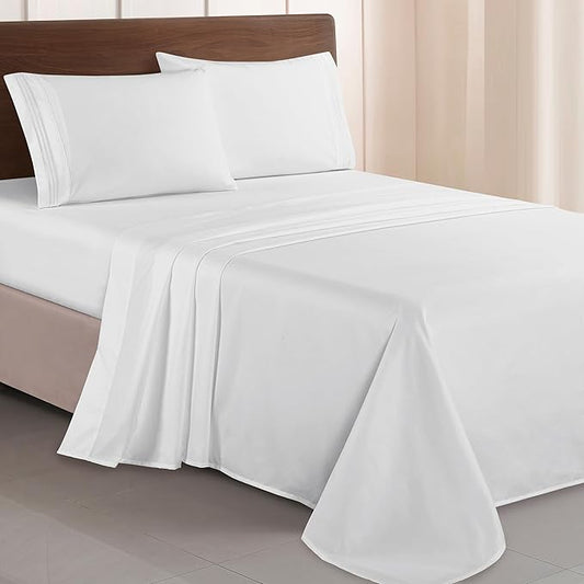Elegant Comfort Luxurious 1500 Premium Hotel Quality Microfiber Three Line Embroidered Softest 4-Piece Bed Sheet Set, Wrinkle and Fade Resistant, Queen, White