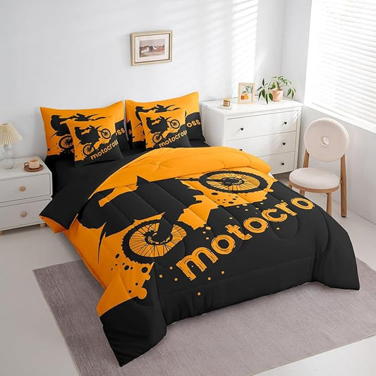 Erosebridal Motocross Comforter Set 7 Piece Bed in a Bag Twin,Motorbike Race Car Bedding Sets Motorcycle Dirt Bike Sheet Set with Comforter