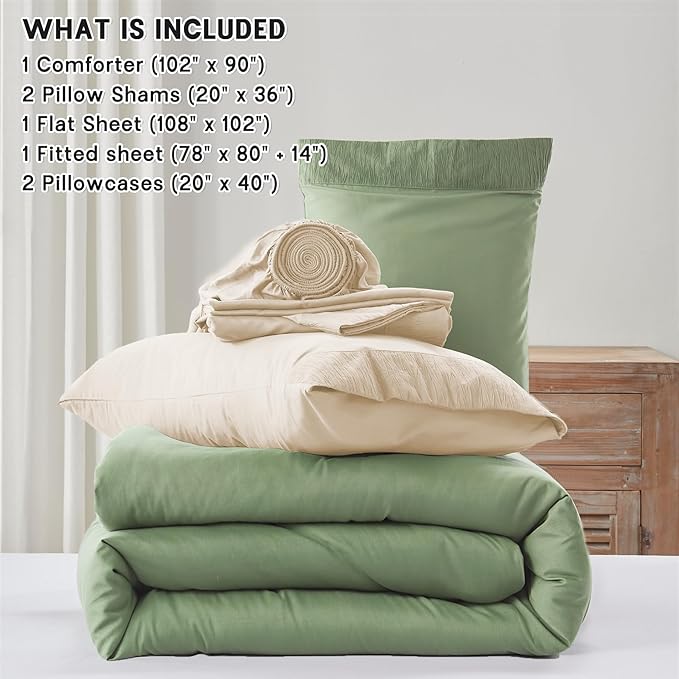 Anluoer Sage and Cream King Comforter Set 7 Pieces, Bed in a Bag with Sheets, All Season Bedding Sets with 1 Comforter, 2 Pillow Shams, 2 Pillowcases, 1 Flat Sheet, 1 Fitted Sheet