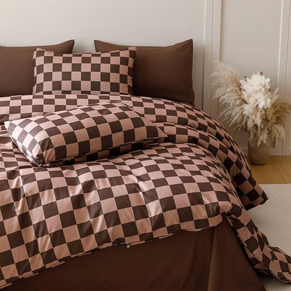 Houseri Brown Plaid Comforter Set California King Chocolate Coffee Color Chessboard Bedding Sets Mocha Buffalo Checkered Bed Quilt Blanket Cal King Size