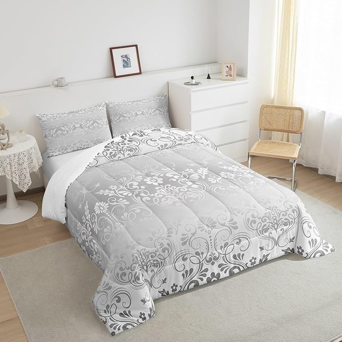 Feelyou Adults Silver Vintage Damask Floral Comforter Set Oriental Antique Comforter Queen Size Gothic Bohemia Boho Flower Bedding Set Bohemian Exotic Duvet Set Quilt Set 3Pcs