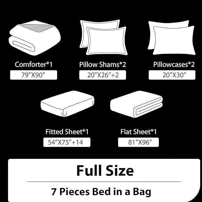 Vintage Floral Full Size Bed in A Bag for Girls, 7Pcs Modern Black Red Bedding Set, Farmhouse Botanical Quilted Comforter with 2 Pillowcases+1 Flat Sheet+1 Fitted Sheet+2 Pillowshams