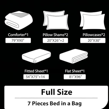 Vintage Floral Full Size Bed in A Bag for Girls, 7Pcs Modern Black Red Bedding Set, Farmhouse Botanical Quilted Comforter with 2 Pillowcases+1 Flat Sheet+1 Fitted Sheet+2 Pillowshams