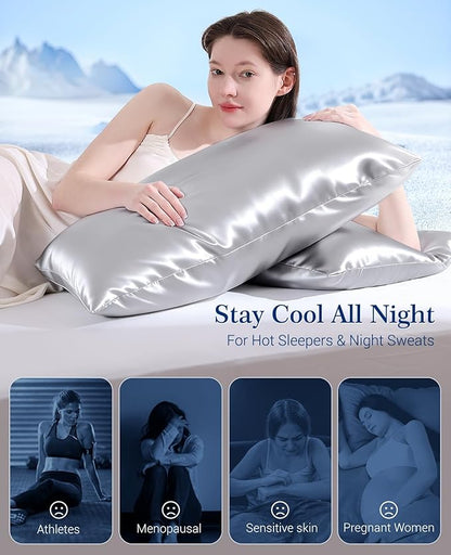 Elegear Cooling Pillow Cases for Hot Sleepers, Upgraded Arc-Chill Cooling Satin Pillowcase Q-max>0.5, Soft Silky Satin Pillowcase for Hair & Skin, Luxury Zipper Pillowcase Cover Set of 2-King,Gray