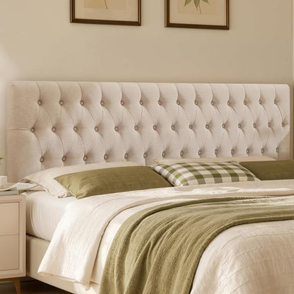 Tufted Upholstered Full Size Bed Headboard in Modern Button Design, Adjustable Solid Wood Head Board, Premium Linen Fabric Padded Headboards in Bedroom (Beige)