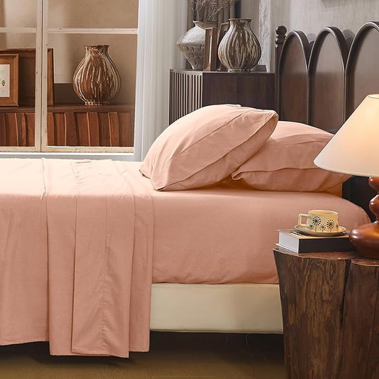 100% Linen Sheet Set Cal King Size Extra Deep Pocket Fits 18-24 Inch Mattress, Breathable & Soft, Smooth 4-Piece Set for Thick Mattresses Hotel Luxury Bedding（Cal King, Light Red）
