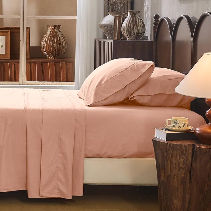 100% Linen Sheet Set Queen Size Extra Deep Pocket Fits 18-24 Inch Mattress, Breathable & Soft, Smooth 4-Piece Set for Thick Mattresses Hotel Luxury Bedding（Queen, Light Red）