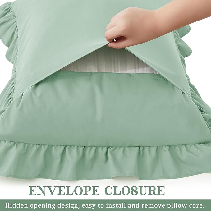 KKJIAF Ruffle Pillow Cases Queen Size Set of 2, Ruffled Pillow Covers with Envelope Closure, Wrinkle Resistant Pillowcases 20" x 30", Sage Green